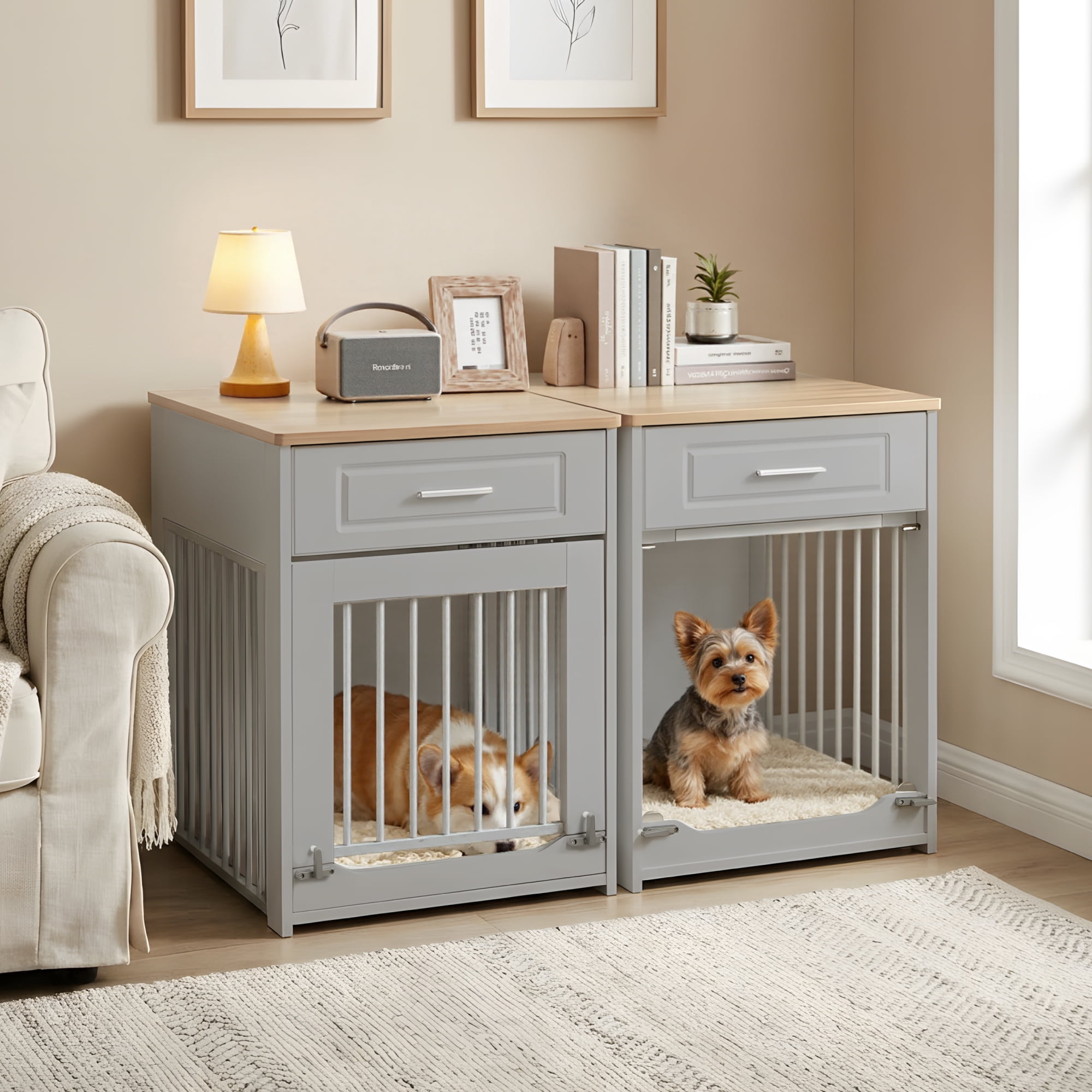 Whifea Farmhouse Wooden Dog Crate Furniture with Flip Up Door & Storage Drawer, 26''H×20''W×24''D, Indoor Pet Kennel for Medium Dogs, Gray