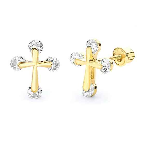 Wellingsale 14K Yellow Gold Polished Cross Stud Earrings With Screw Back