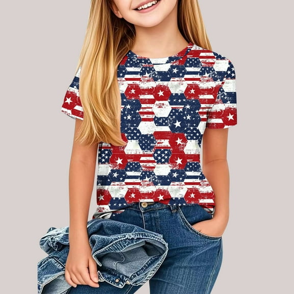 OKSALE American Flag Tops for Kids Girls Cotton Summer Clothes Patriotic Red White and Blue T Shirts Casual Short Sleeve Tee Shirt 3-14 Years