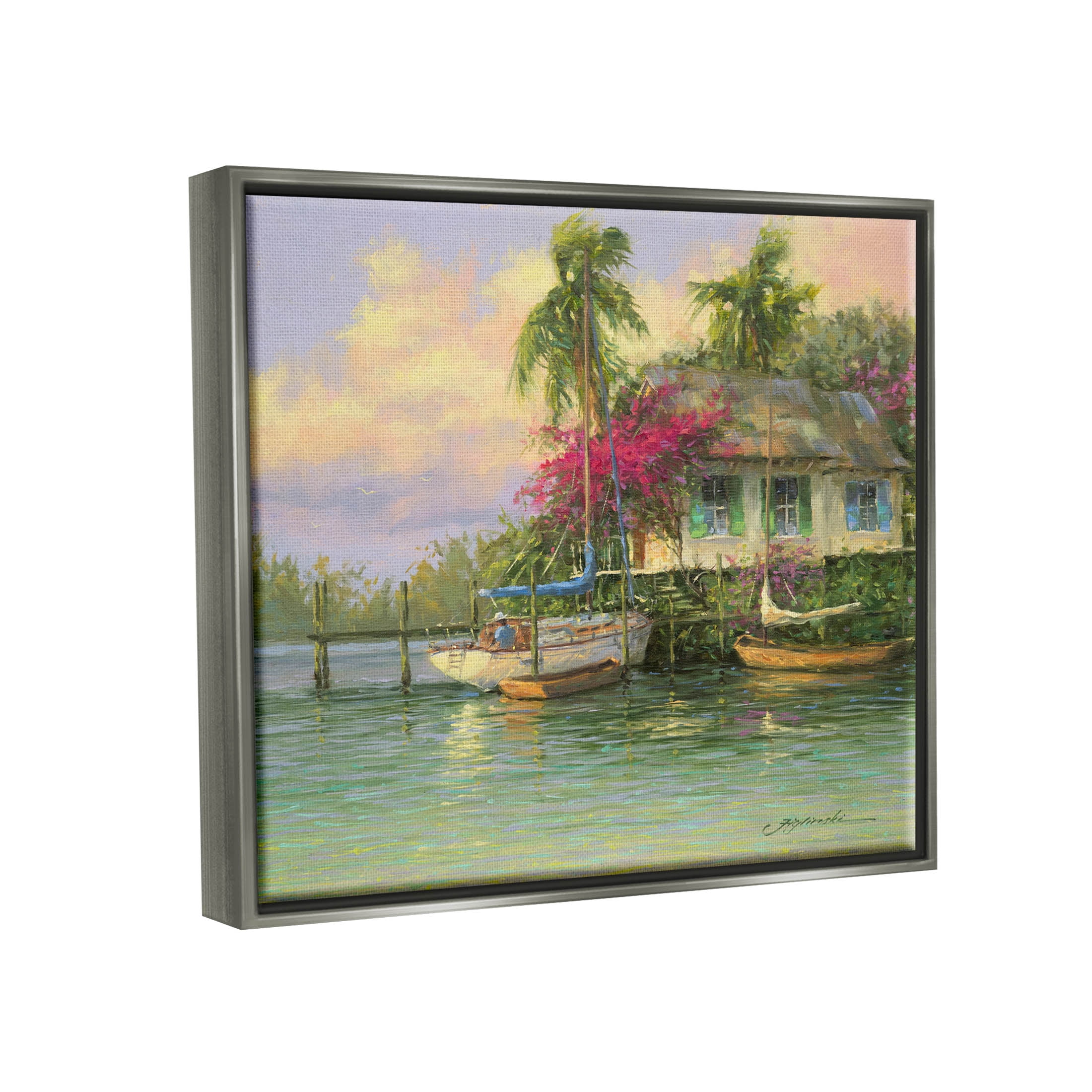 Tropical Vacation Seaside House Landscape Painting Luster Gray Framed Art Print Wall Art