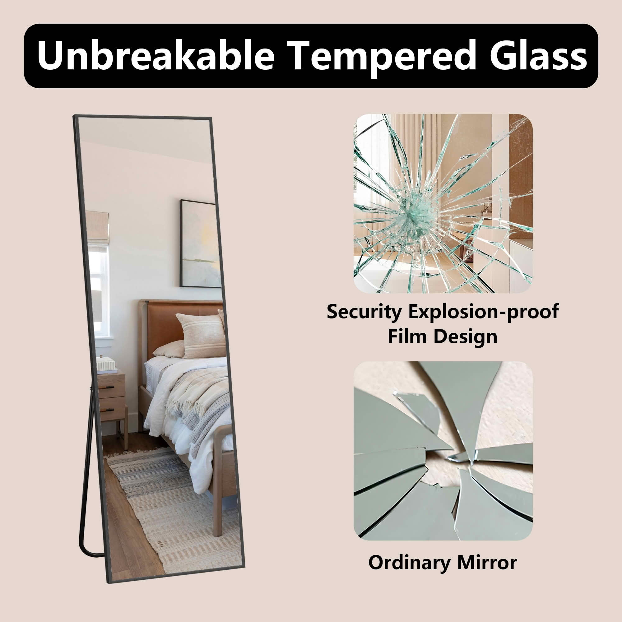 MAYEERTY 58"x18" Aluminum Right Angle Full-Length Mirror, Tempered Glass With Stand, Black