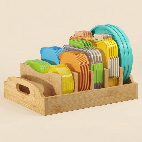 Norcho Bamboo Lid Organizer for Cabinet, Adjustable Food Storage Container Lid Holder with 5 Inserts and 6 Compartments, 13.2" x 10" for Kitchen Pantry Organization