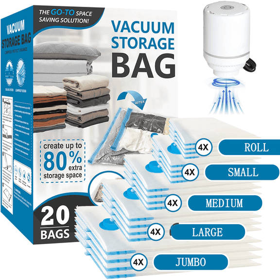 JUUTREN 20 Pack Vacuum Seal Bags for Clothing, Space Saver Vacuum Storage Bags (4 Jumbo/4 Large/4 Medium/4 Small/4 Roll), Compression Sealer for Clothes, Comforters, Bedding, Travel, Electric Pump