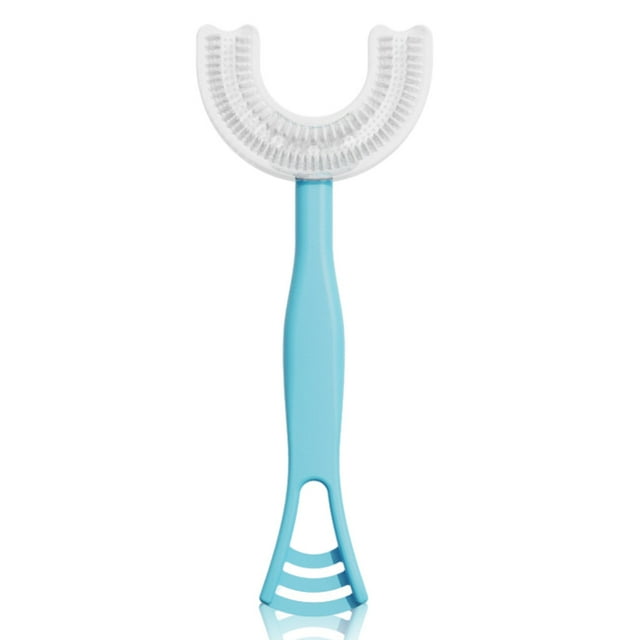 Bearachild Cepillo de dientes de bebé de doble cara de silicona de 360 grados, cepillo de masaje de dientes para niños pequeños en forma Suministros de limpieza para el hogar azul L