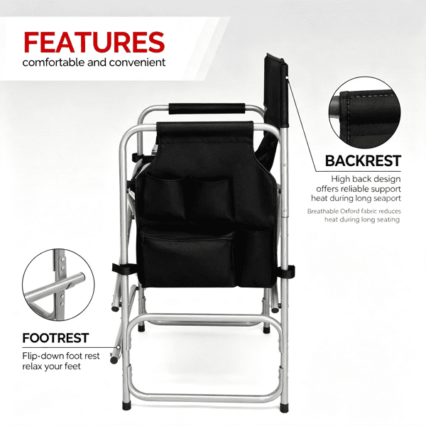 Folding Director Chair with Side Table & Storage Pockets, 41"x23.6"x26.4" Heavy Duty Spray-Coated Metal Frame Makeup Artist Chair, Supports 300 LBS, Black Oxford Fabric, No Carry Bag