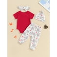 thumbnail image 5 of Suealasg Baby Boys Girls Americana Clothes Short Sleeve Letter Print Romper +Fireworks Print Pants+Headband +Hat Infant 4th of July Outfits Newborn Independence Day Clothing, 5 of 8