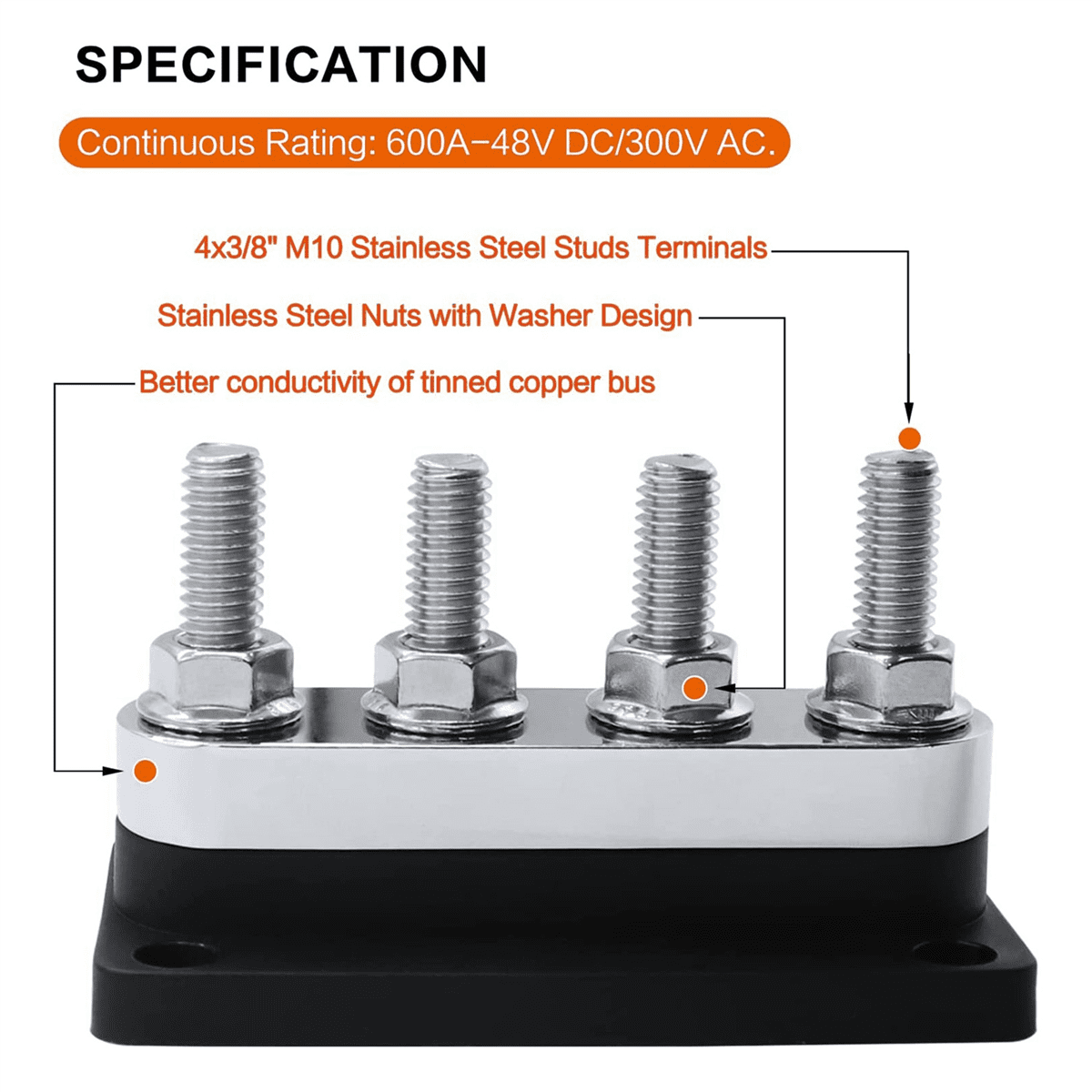 4X 600A Bus Bar 4-Stud (3/8 Inch) M10 High Current Copper Busbar Terminal Block Marine DC 12V 24V 48V with Cover(Black)