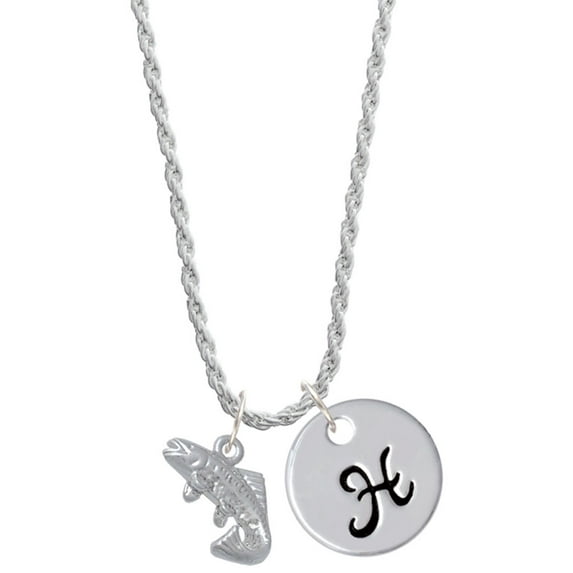 Delight Jewelry Silvertone Jumping Trout Silvertone Script Initial Disc - H - Charm Necklace, 20"+3"
