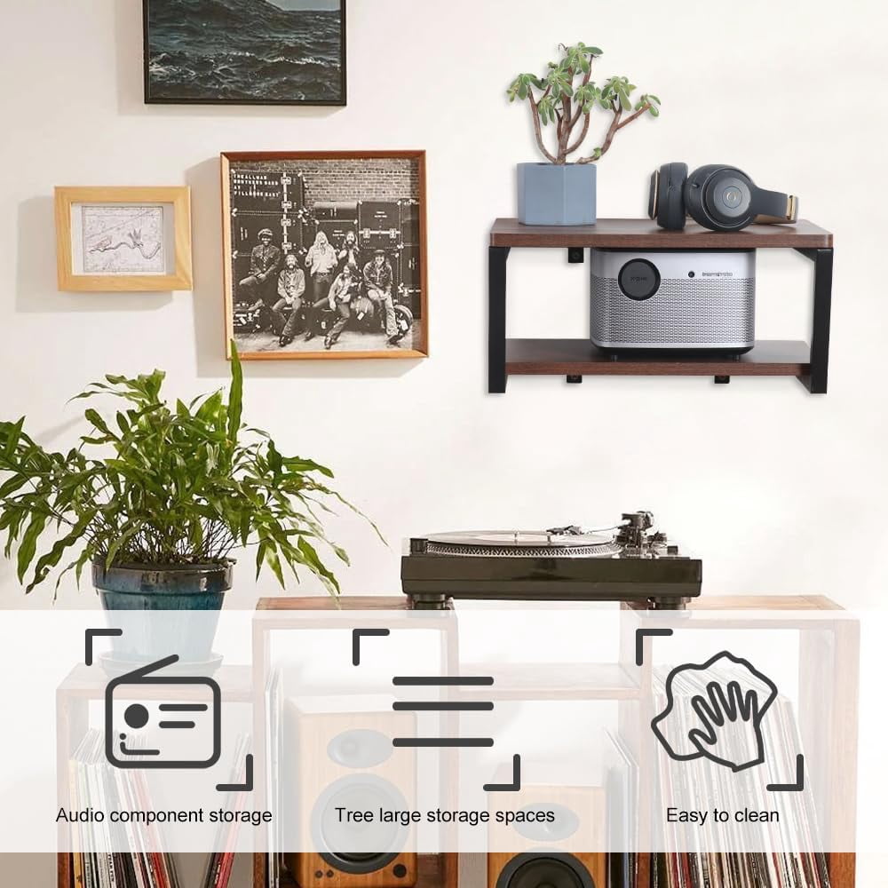 LUCKUP Wall Mounted Floating Wall Shelves, 2 Shelves Wood with Metal Steel Frame Projector Shelf, AV Media Stand, Entertainment Center, Strengthened Metal Steel Frame
