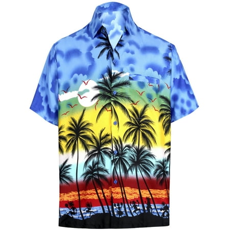 Palms Button - Hawaiian Shirt Mens Beach Aloha Camp Party Casual Holiday Short Sleeve Button Down Pocket Tropical Palm Tree Print P