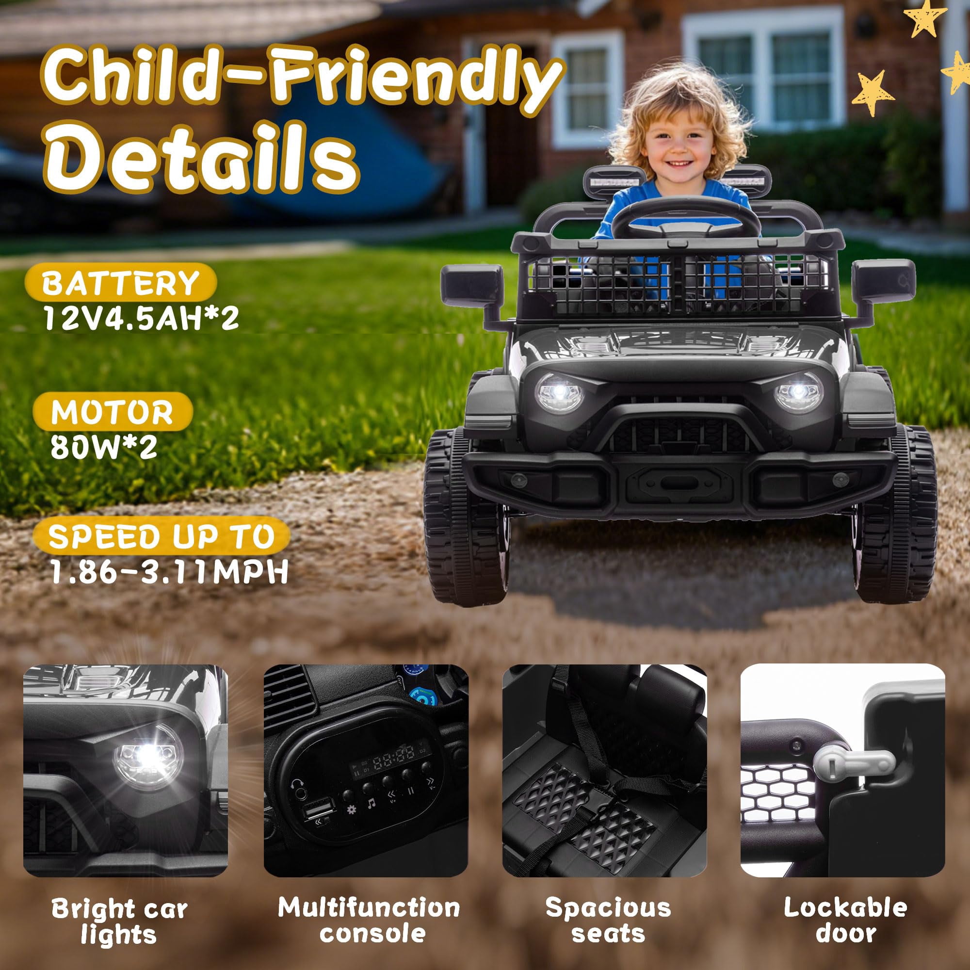 HTW24V Kids Ride On Truck with Parental Remote Control – Electric Off-Road Car for Boys & Girls, 4-Wheel Suspension, Bluetooth Music, LED Lights, Power Display, Ages 3+ (Black)​
