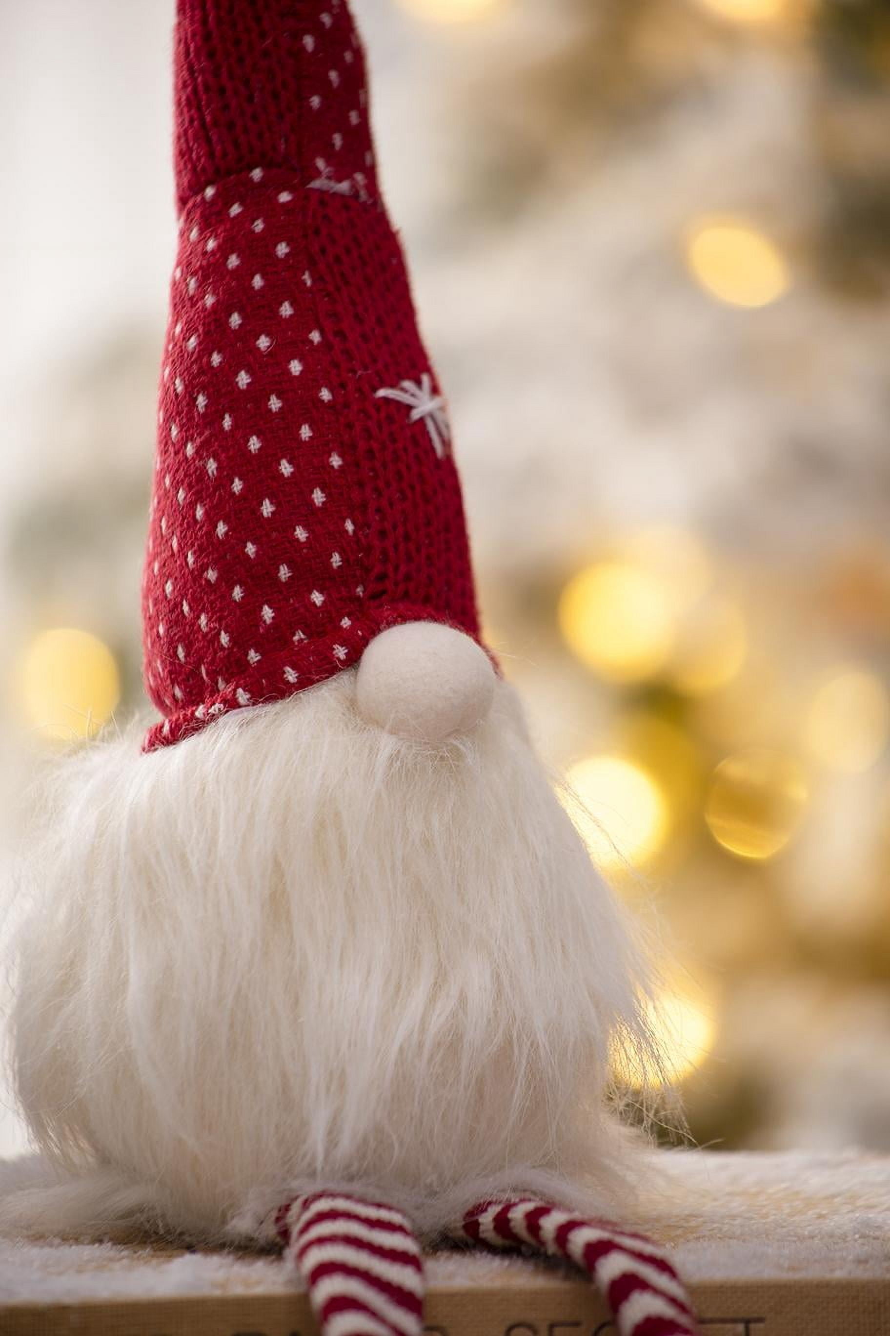 Jolly Red and White Striped Gnome Figurine Set Fluffy White Beard Long Legs Tabletop Mantel Dining Room Decoration