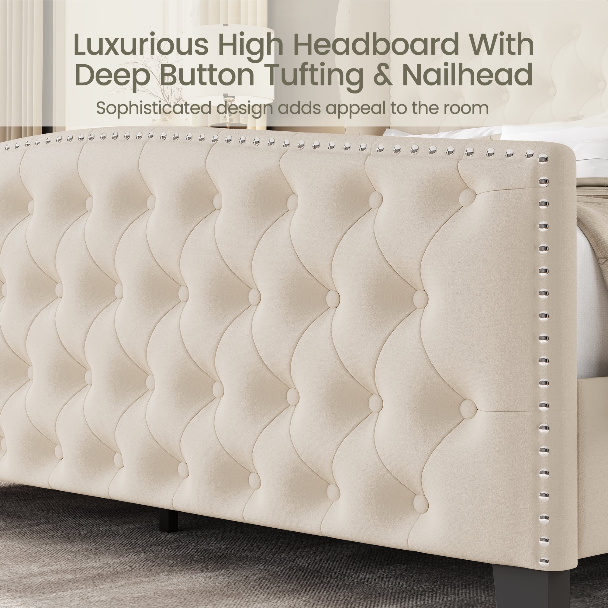 Breltam King Size Bed Frame Velvet Upholstered Platform Bed with Wingback Headboard, Beige