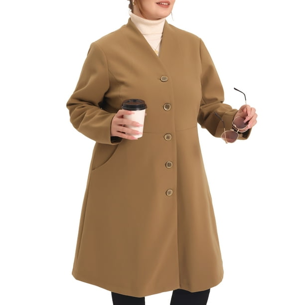 Agnes Orinda Plus Size Peacoat for Women Elegant V Neck Single Breasted  Long Wool Trench Coats Jacket Camel 2X 