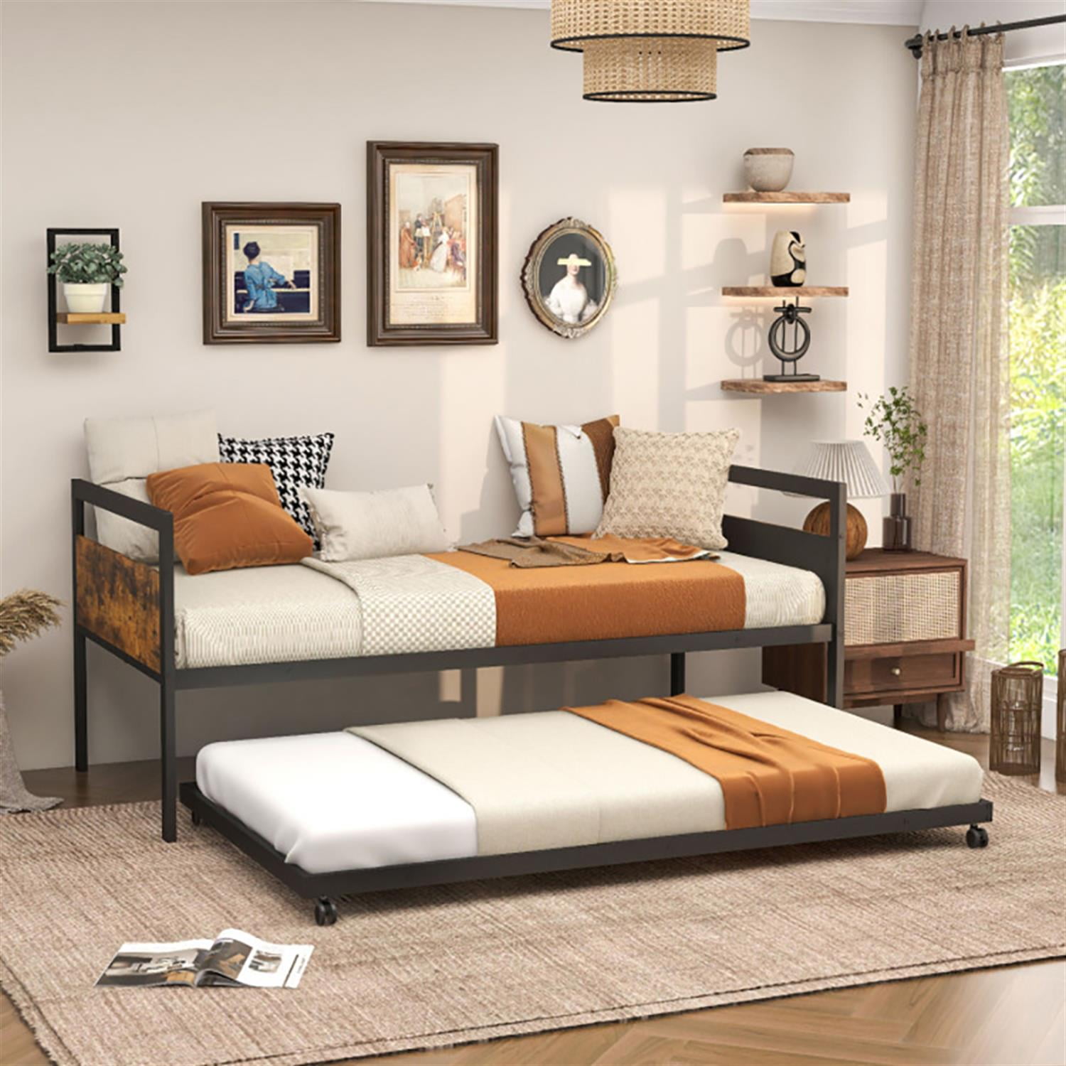 Demi Bonn Twin Size Metal Daybed with Trundle Lockable Wheels, Modern Bed Frame for Teens, Black