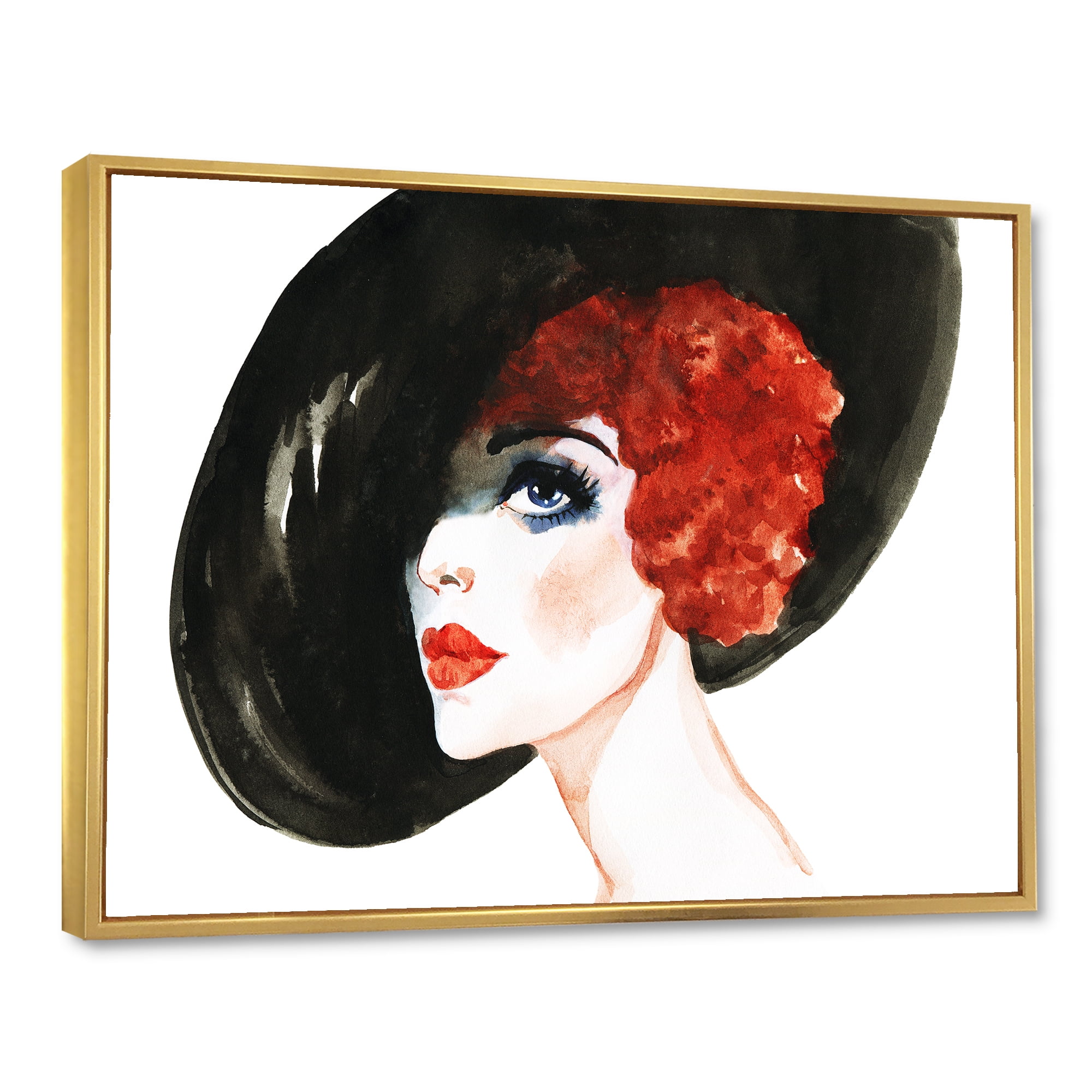 Designart 'Portrait of Woman Red Head Lady In Hat' Modern Framed Canvas Wall Art Print