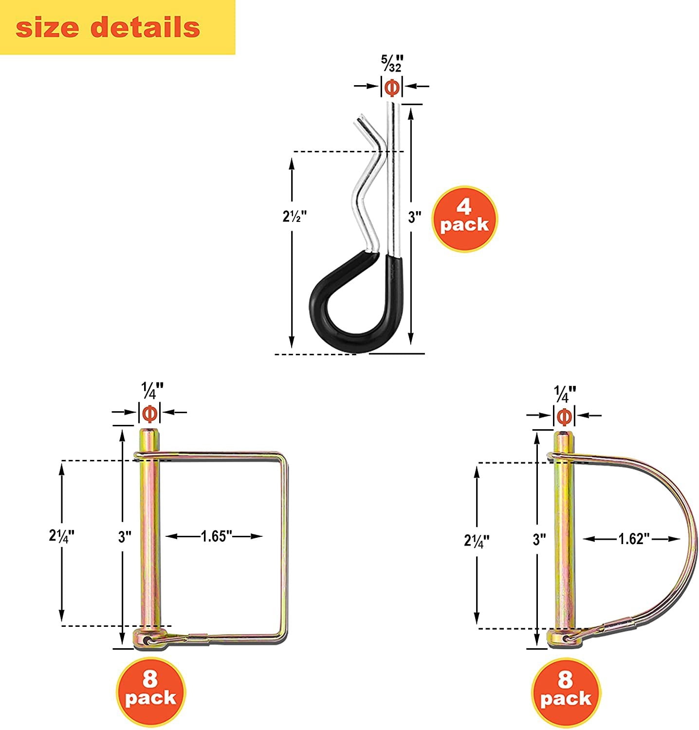 Wellmax 20 Pcs Shaft Locking Pin in 1/4 Diameter Zinc-Plated Heavy Duty Safety Pins, Bonus 4 Pcs Heavy Duty Trailer Hitch Pin for Trailer Lock and Hitch Pin Lock for Farm Lawn Garden Wagons Gold