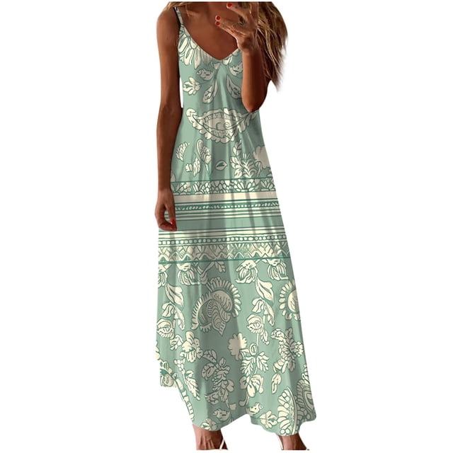Vestidos de Verano de las Mujeres sin Mangas Estampados Colgantes, Estilo Casual Suelto para las Vacaciones, la Fiesta Y el Uso Diario de Primavera