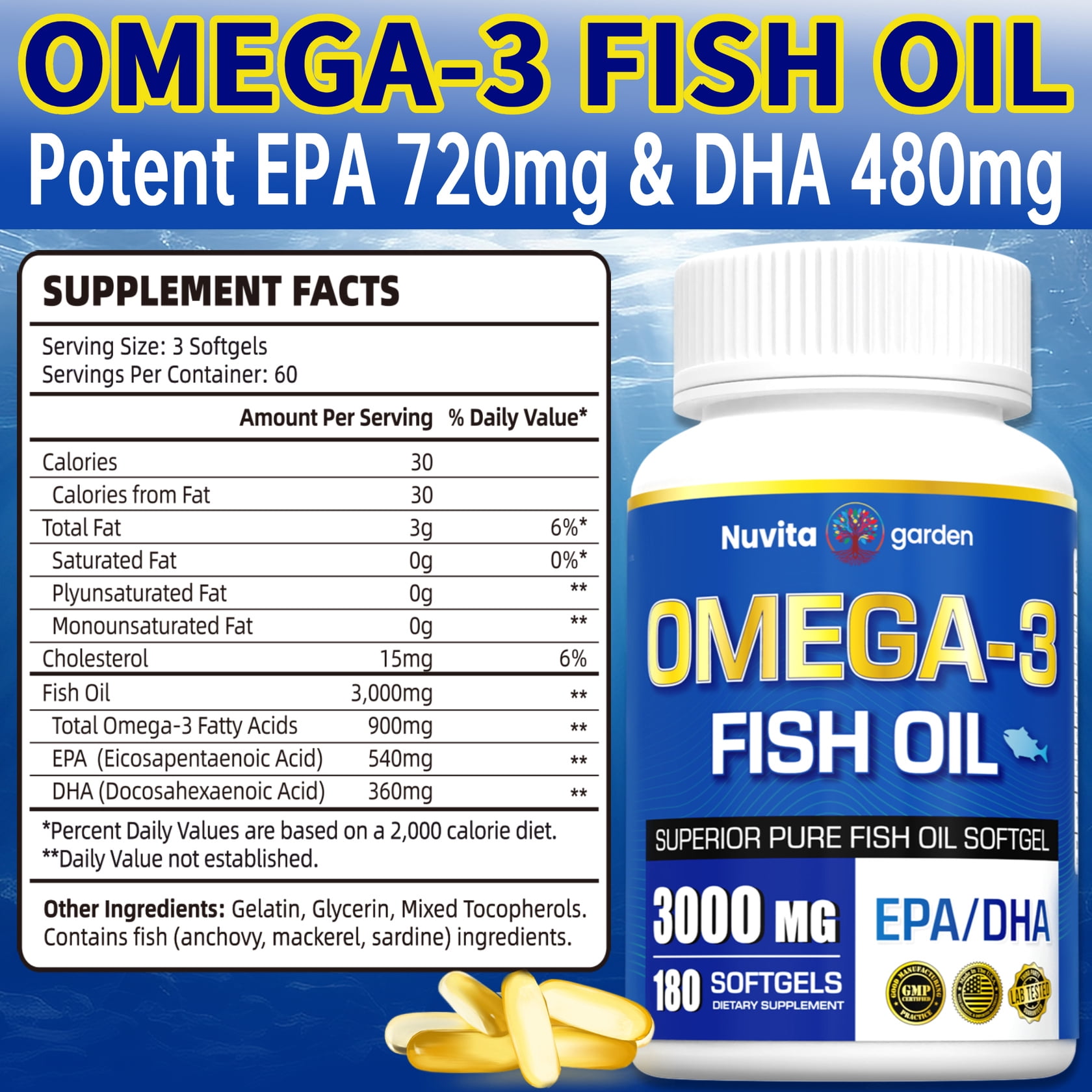 3 Pack Fish Oil 3000mg with EPA & DHA, Omega-3 Fish Oil Healthy Heart, Improved Cardiovascular Health,540 Softgels