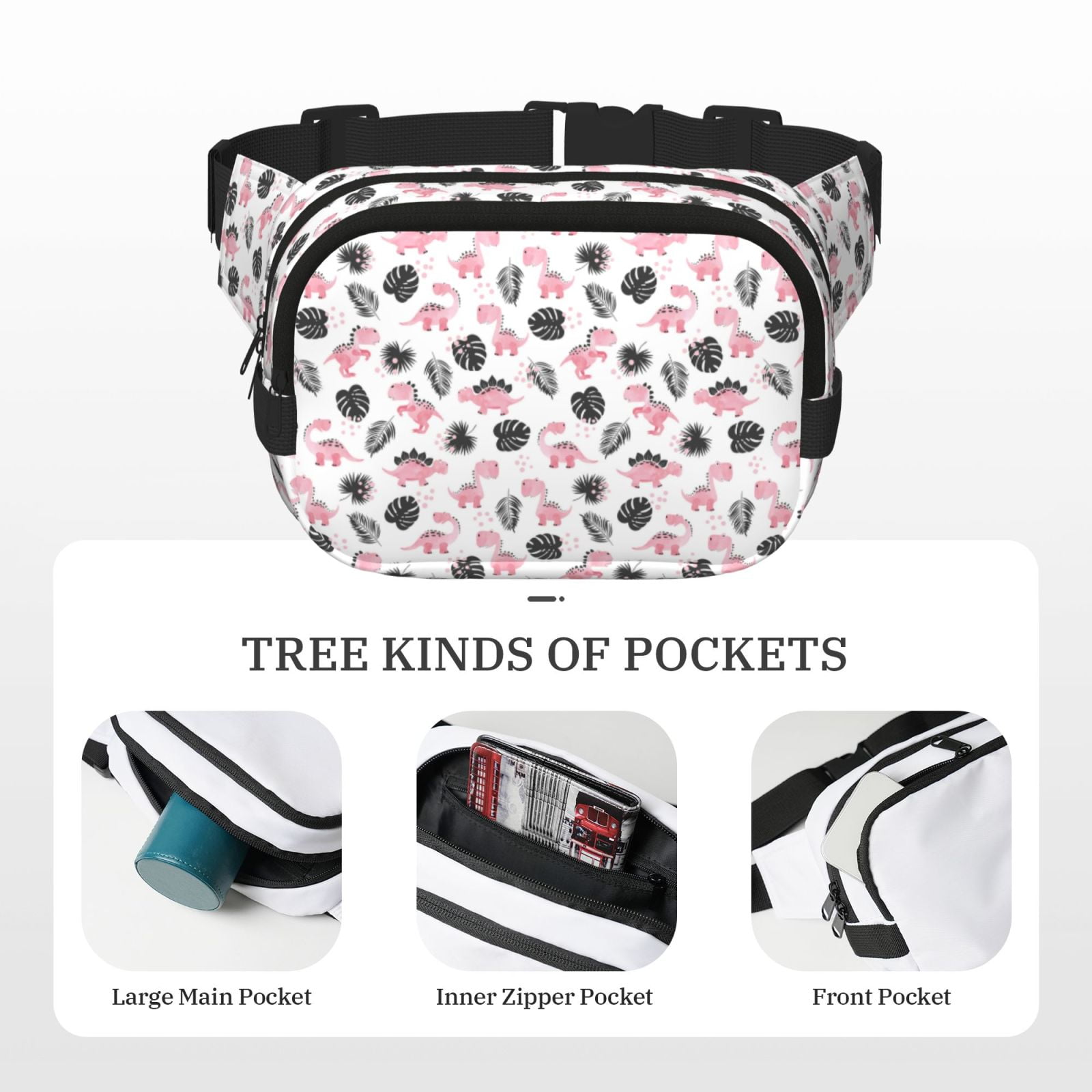 Picia Cute Dinosaur Print Square Double-Layer Waist Bag Mini Adjustable Waist Belt Bag Exercise Running Travel Hiking