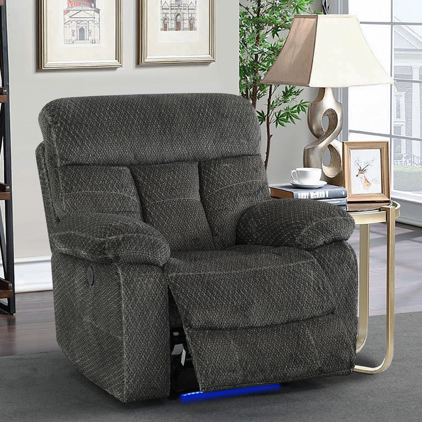 Gewnee Power Recliner Chair, Adjustable Reclining Lounge Chair with USB Ports, LED Lights, Flocking Upholstered Single Sofa Recliner for Living Room, Office, Grey