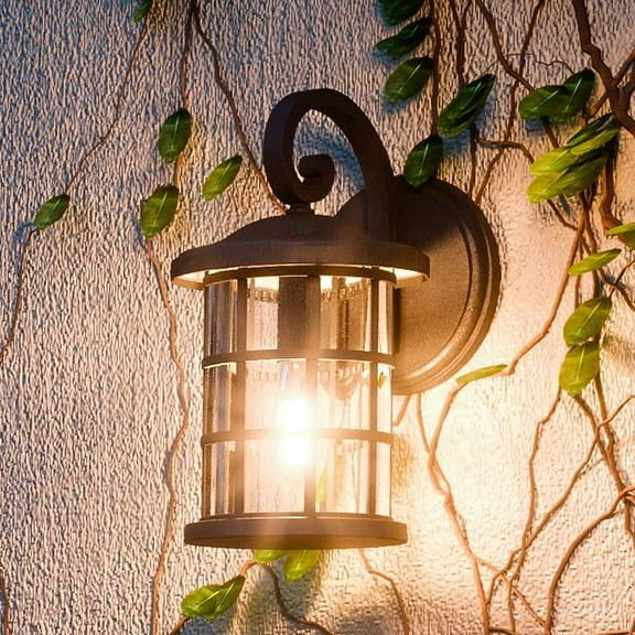 Urban Ambiance Luxury Craftsman Outdoor Wall Light, Medium Size: 14.25"H x 8"W, with Tudor Style Elements, Wrought Iron Design, Natural Black Finish and Seeded Glass, UQL1042