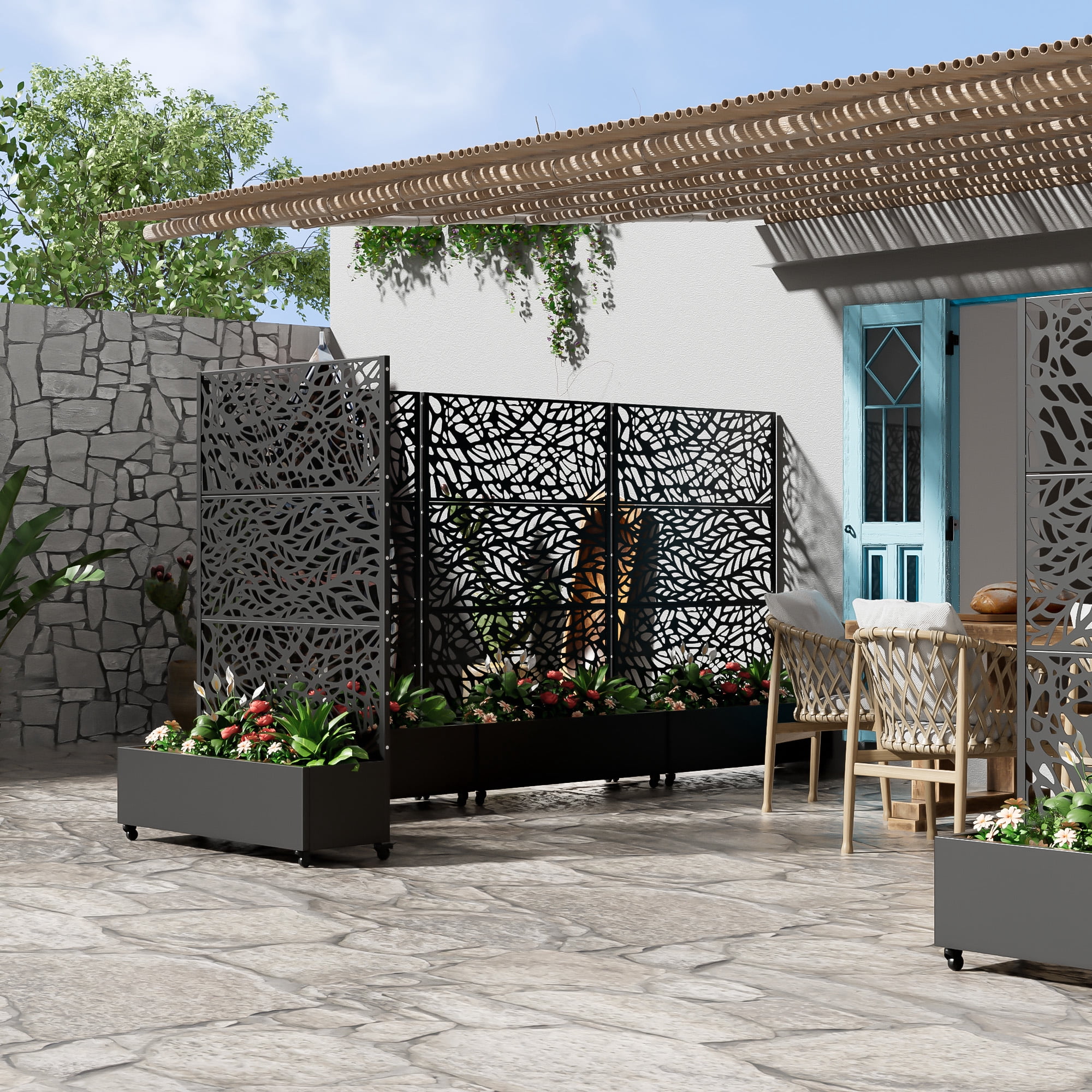 MAYEERTY 47*16*72" Outdoor Black Metal Planter Box with Trellis for Climbing Plants, Leafy & Vine Pattern Panel