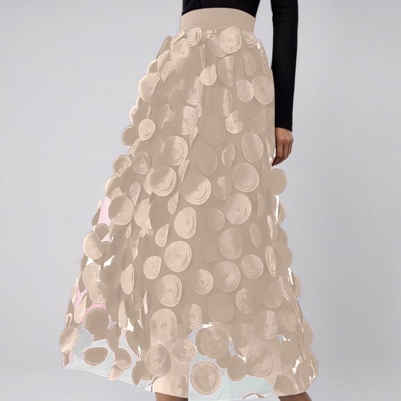 FAOWME Women's Skirt High Waist Solid Color Polka Dot Design A Line Retro Style Comfortable Fashion Skirts For Casual Daily Wear,Beige,L