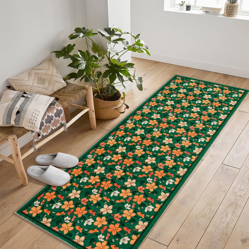 2'x6' Runner Rug Boho Floral Small Non-Slip Low Pile Throw Rugs for Entryway Kitchen Front Door Indoor Entrance Entry Kids Room Green