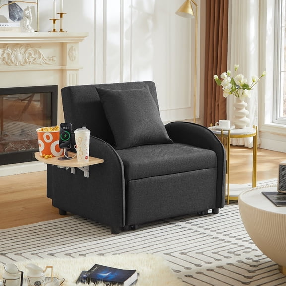 Oversized Convertible Chaise Lounge Chair Plush with Wide Armrest and Throw Pillows,Modern Cozy Boneless Sleeper Sofa Bed Armchair with Cup Holder for Living Room,Bedroom, No Assembly Required,Black‌
