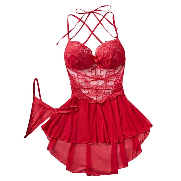JSGEK Sexy Babydoll Lingerie Nightgown Set for Women Halter Neck Grid Straps Corset Waist Mini Dress with Matching Thong Intimate Sleepwear Red S