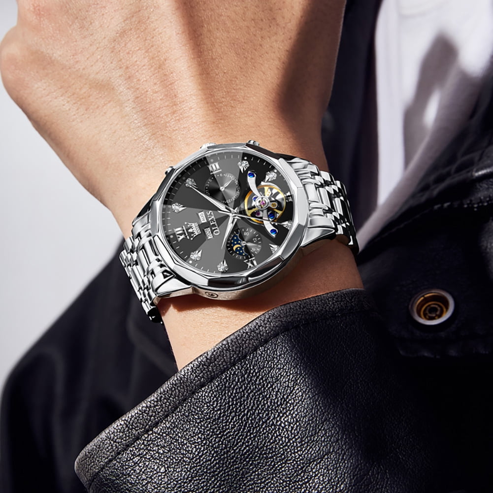 OLEVS Automatic Watches for Men Luxury Dress Waterproof Self Winding Mechanical Moon Phase Chronograph Stainless Steel Luminous Diamond Date Skeleton Tourbillon Wristwatch for Men Reloj Para Hombre