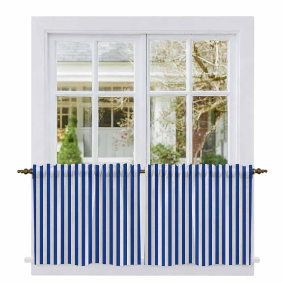 Dark Blue Striped Tier Curtains, Modern Beige Geometric Country Light Filtering Kitchen Curtains, 2Pcs Rod Pocket Half Window Treatments Panels for Sink Cafe Cabinet Camper 27.5x24 Inches