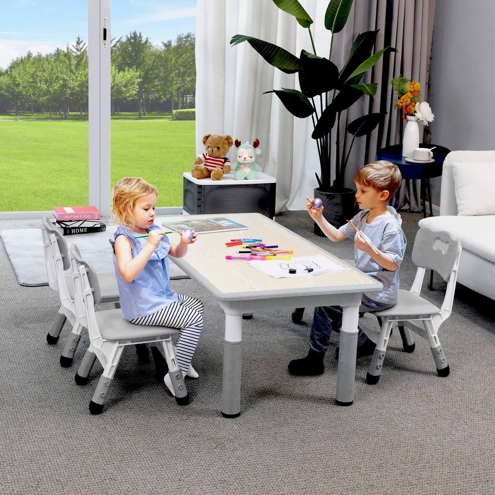 Pirecart 5-Piece Kids Table & Chairs Set Toddlers Activity Table Set Height Adjustable Play Table and Chair Set for Reading, Drawing, Eating, Gray