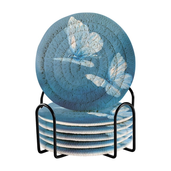 6 Pcs Drink Coasters with Holder 3.94in Woven Coasters for Drinks Abstract Blue and White Butterfly Coaster Set for Protection Table