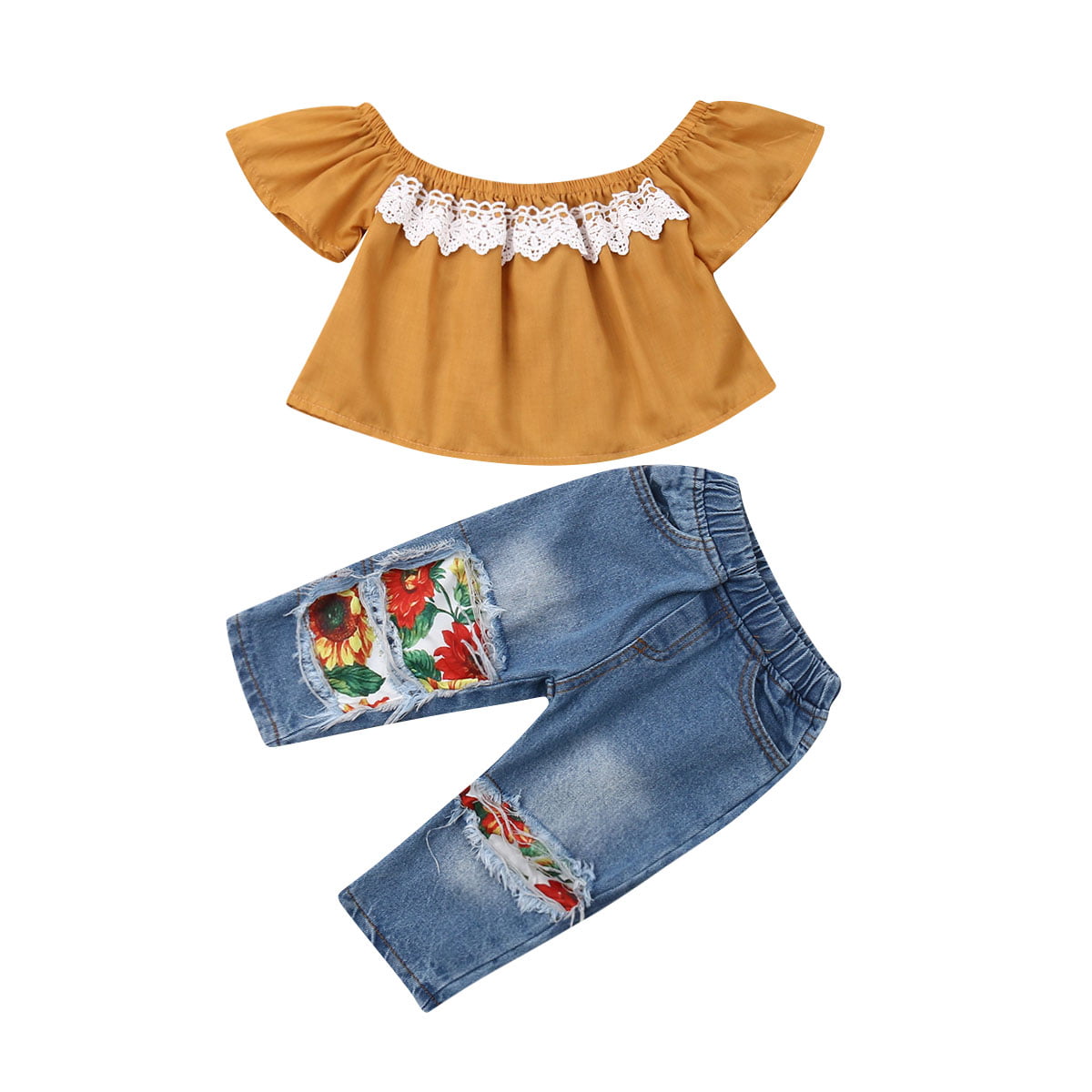 Toddler Baby Girls Clothes Set Short Sleeve Lace T-Shirt Tops with Ripped Denim Jeans Pants 2Pcs Outfit