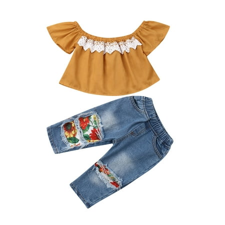 

Binpure Toddler Kids Baby Girls Clothes Sets Off Shoulder Tops Floral Pants Jeans Outfits Clothes 1-5Y