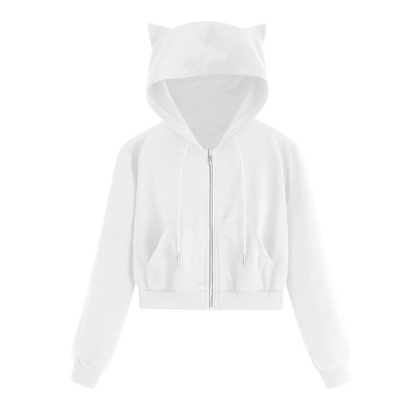 Arlun Women's Drawstring Cropped Hoodies Cute Zip up Cat Ears Hooded Sweatshirts Teen Girls Long Sleeve Comfortable Plain Basic Workout Crop Full Zipper Tops White XL
