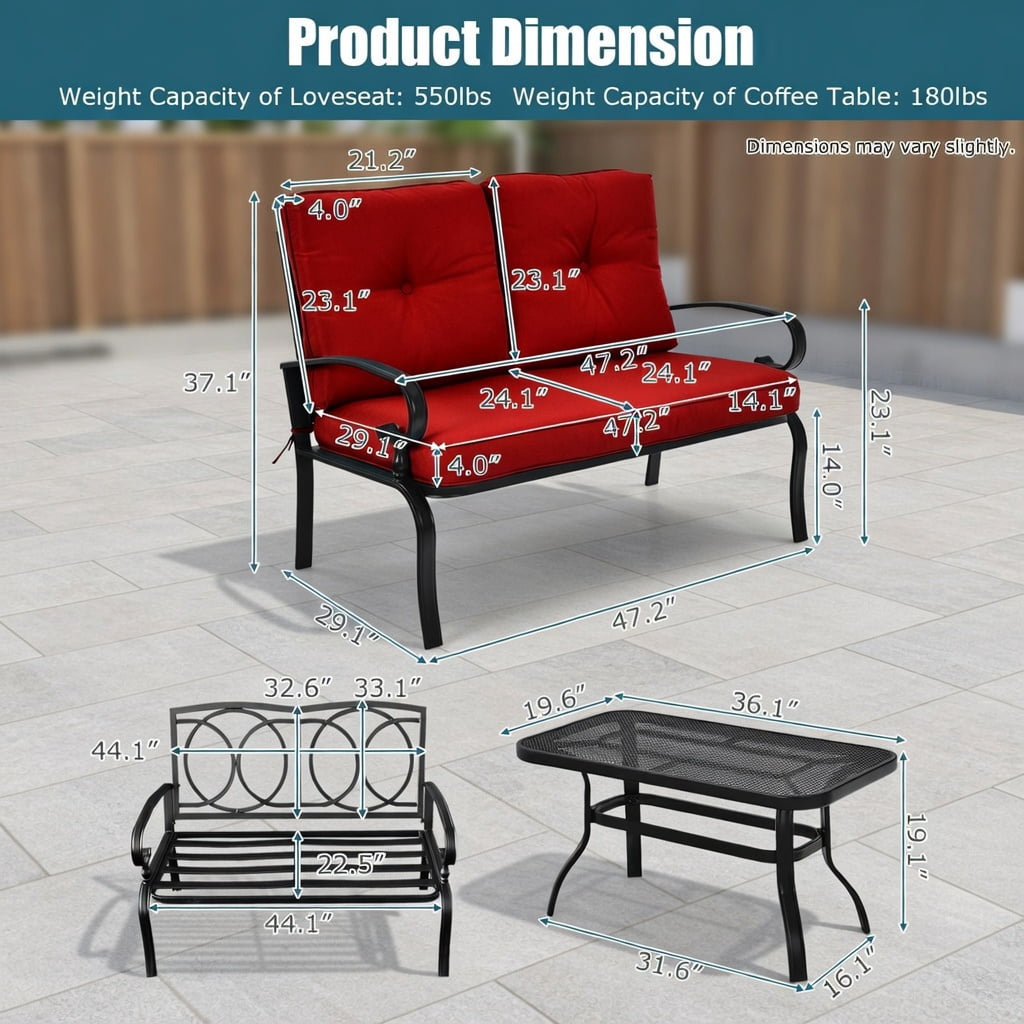 Hommoo 4-Piece Outdoor Rattan Patio Furniture Set, PE Rattan Loveseat, 2 Single Chairs & Tempered Glass Coffee Table for Backyard, Balcony, Garden, Black
