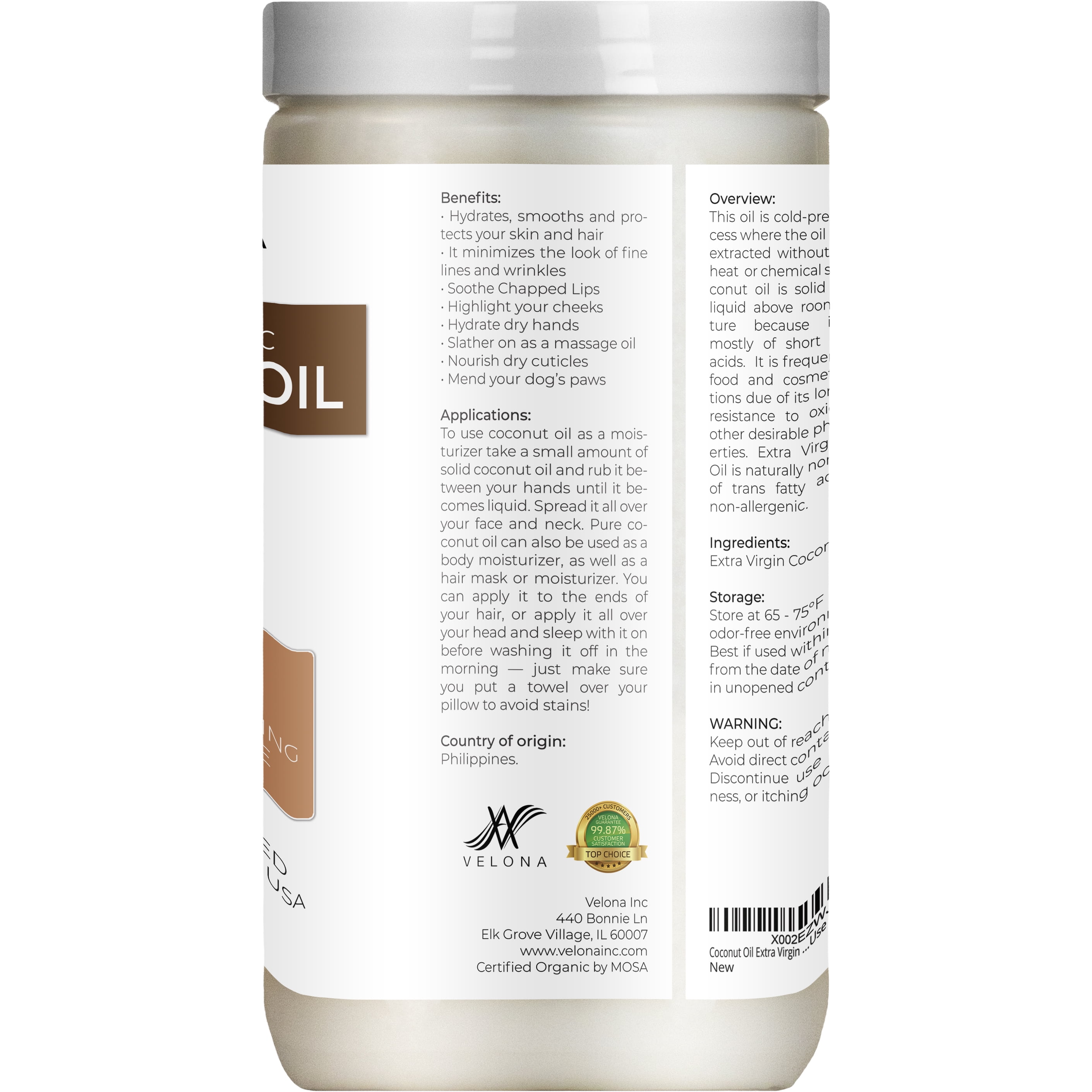 Velona USDA Certified Organic Coconut Oil Extra Virgin - 64 oz | Food and Cosmetic Grade | in jar | Extra Virgin, Cold Pressed | Skin, Face, Body, Hair Care | Use Today - Enjoy Results