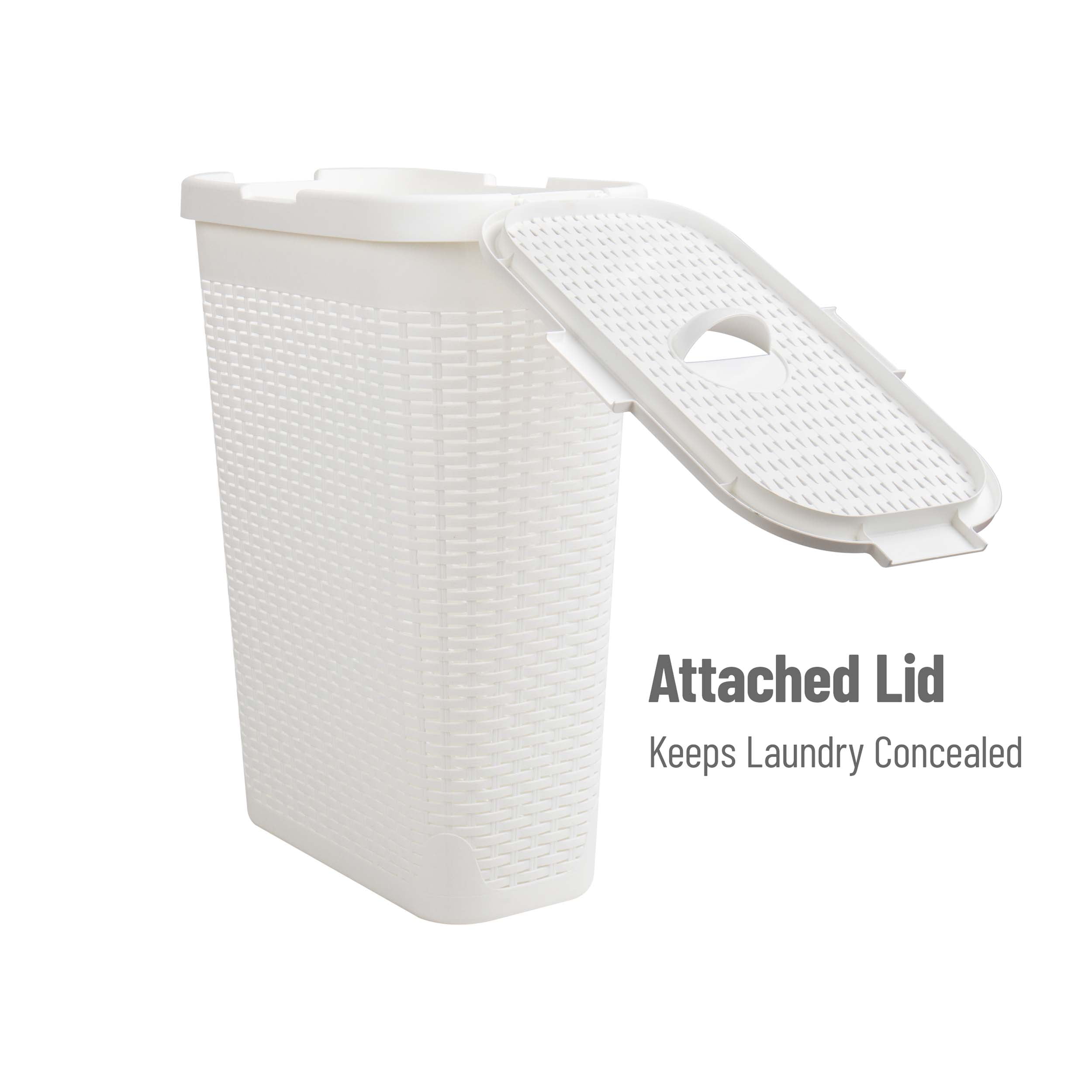 Mind Reader 40L Slim Laundry Hamper, Clothes Basket, Lid, Wicker Design, Plastic, 18"L x 10.4"W x 23.5"H, Set of 2, White