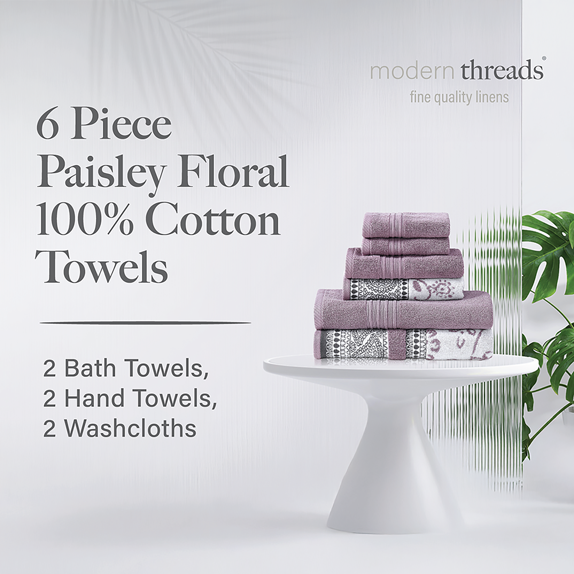 Modern Threads Ophelia 6-Piece Cotton Adult Bath Towel Set, Purple
