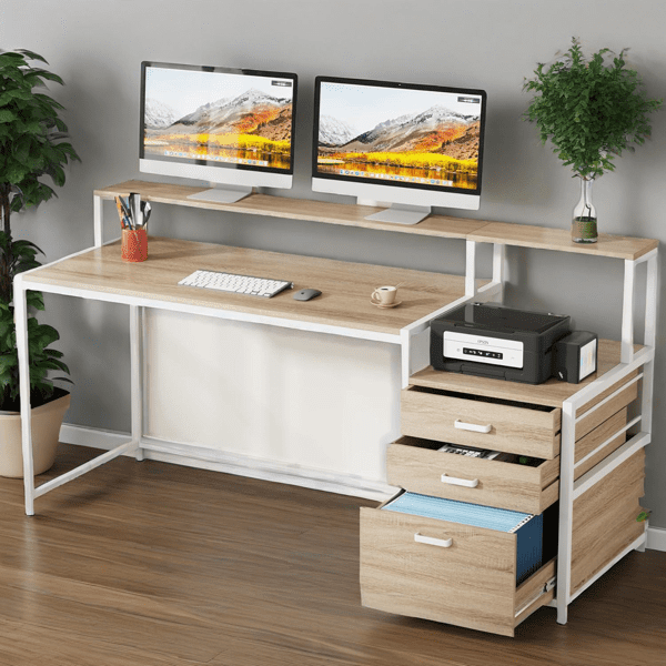 Ergonomic Computer Desk with File Cabinet - 62.99"L Monitor Stand, 45W×19.68D Desktop, 2 Drawers, 2-Year Warranty - for Home Office & Gaming