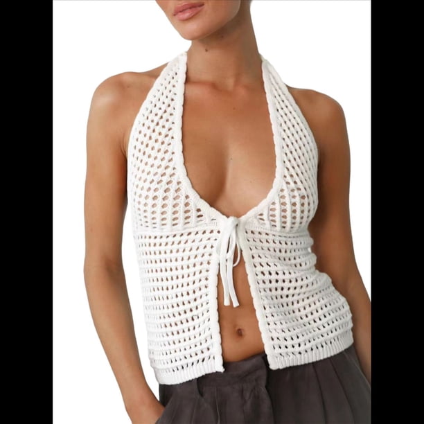Camisola Corta con Cuello Halter y Lazo Frontal de Crochet para Mujer, para Playa L