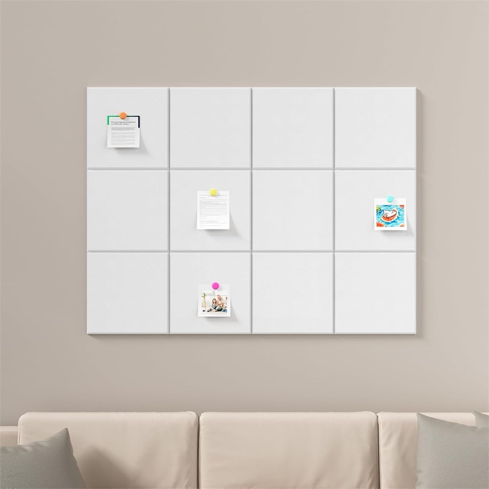 Yahome 12Pcs Felt Bulletin Board Each 12 Inch Self Adhesive Felt Wall Tiles with Pushpins for Office Wall Decor Push Pin Board Wall Home Office (White)