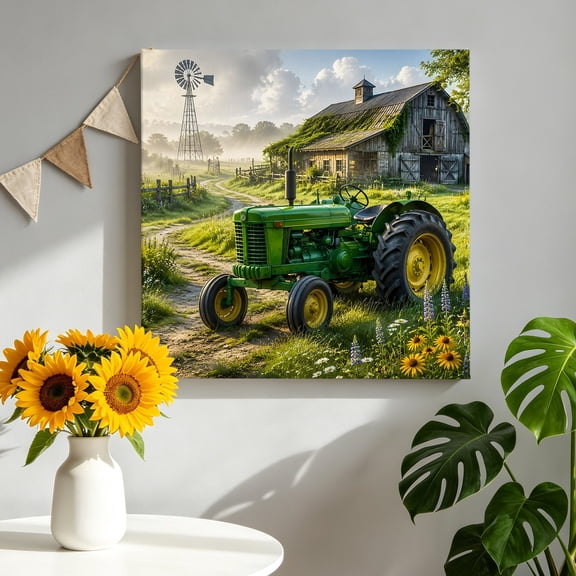 Canvas Wall Art Green Tractor Canvas Art Print Vintage Barn Windmill Country Path Farm Pictures Wall Decor for Living Room Bedroom Artwork Decorations Stretched Framed Ready to Hang 8"x8"