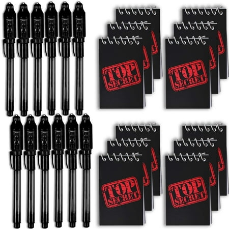 Uv Penlight - Invisible Ink Pen - Black - with UV Light (12 Pack) + Mini TOP Secret Notepads (12 Pack). - Perfect Favor for Spy Parties, Stocking Stuffers, Pinatas, and More.