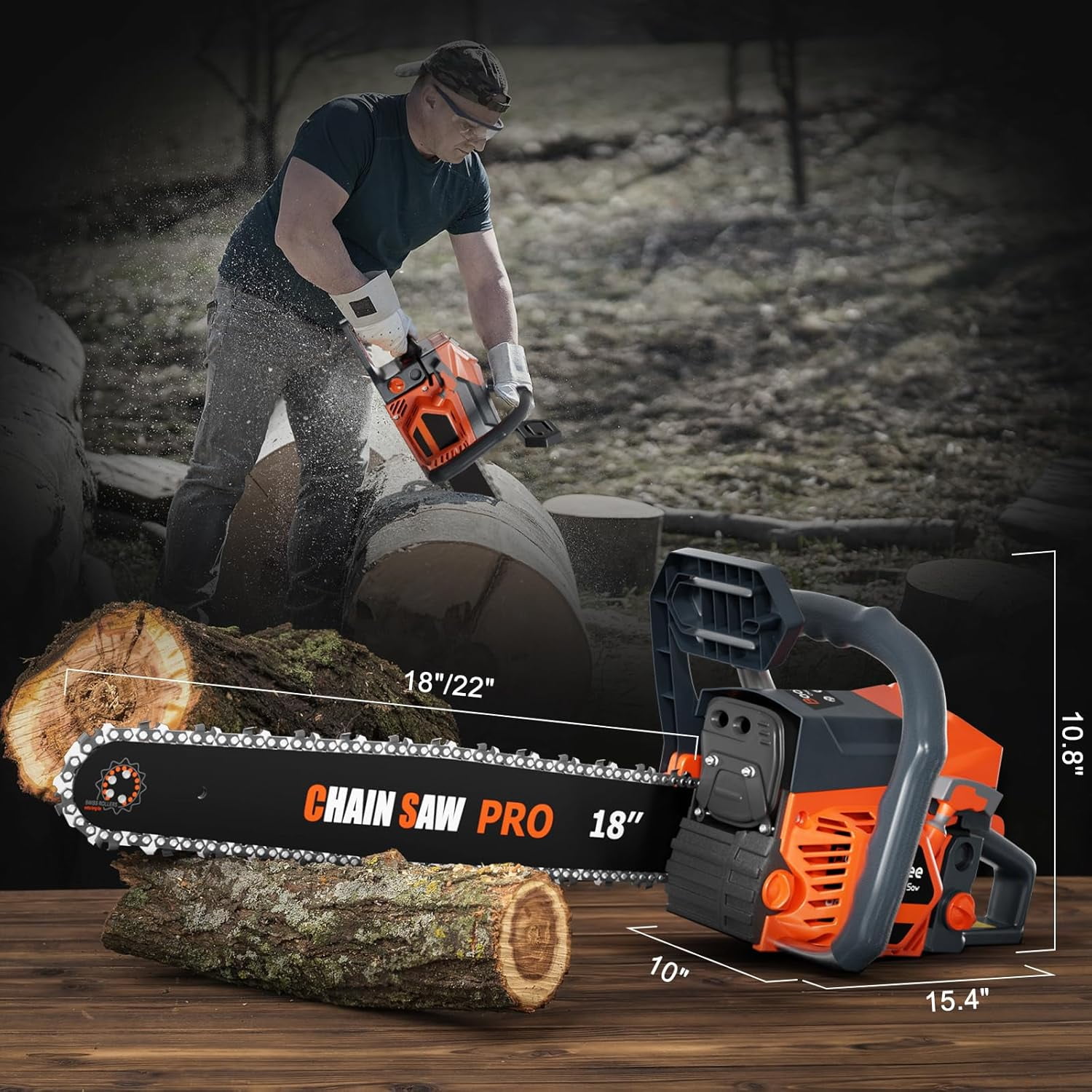62cc Gas Chainsaw, 18 & 22 Inch Professional Chainsaw with 2-Cycle Engine & Anti-Vibration System, Quick Start Technology for Tree Cutting, Firewood, Logging (62CC 18in+22in)