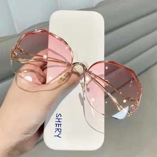 Gafas de sol de moda con borde sin marco poligonal para mujer, gafas de sol con protección solar y patas de espejo curvadas de metal