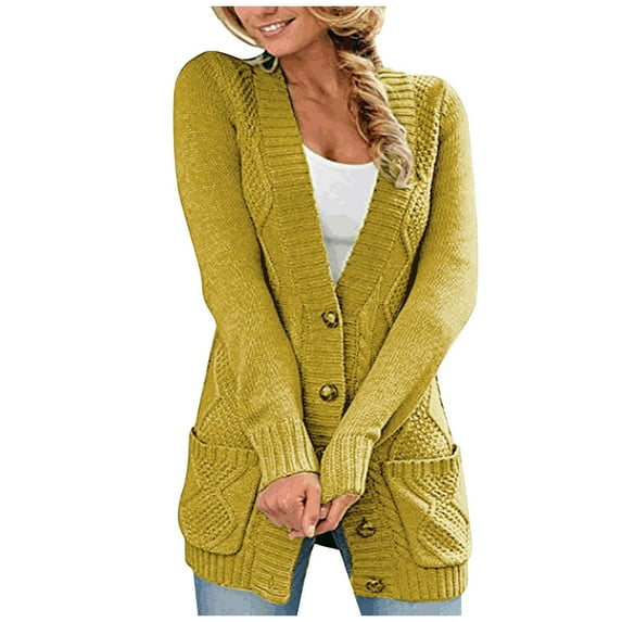 Hfyihgf Women's Long Sleeve Cable Knit Sweater Open Front Cardigan V Neck Button Down Loose Outerwear with Pockets Yellow XL
